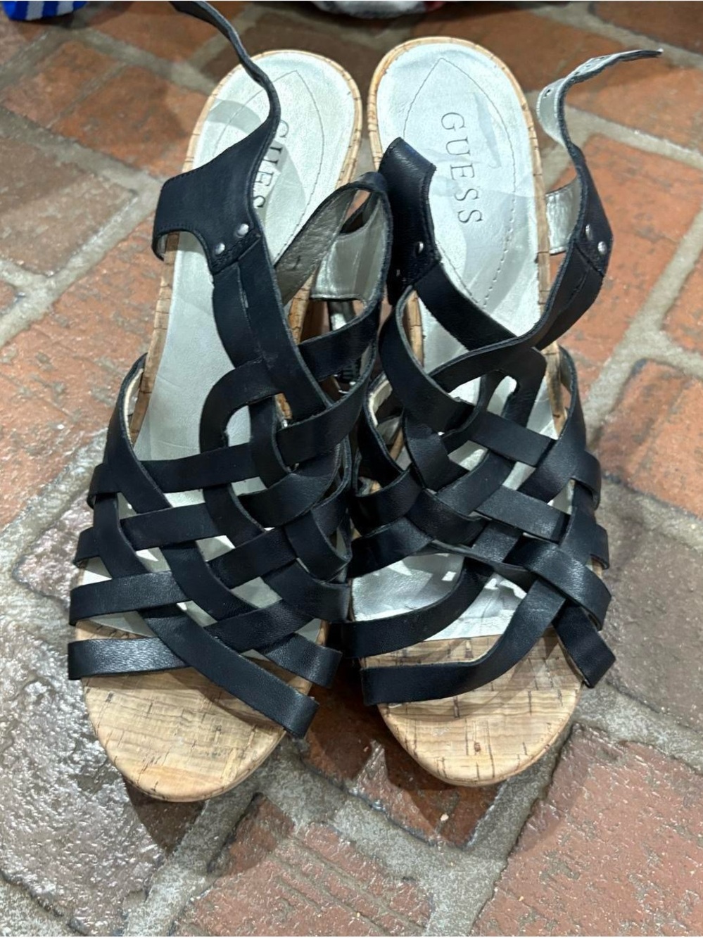 GUESS Black Woven Leather Wedge Sandals with Cork-Look Platform